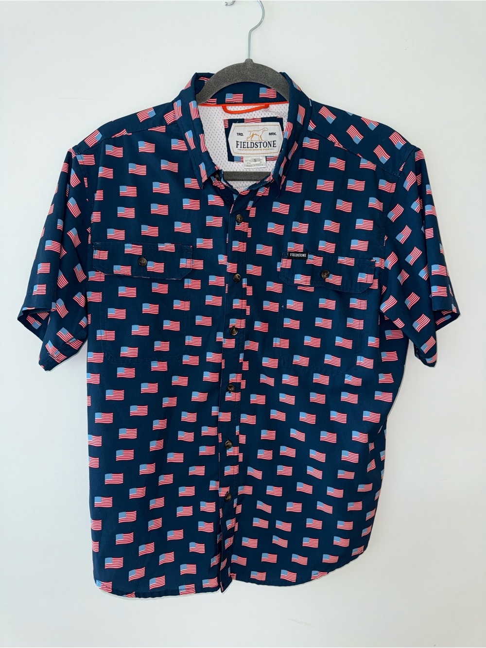 Fieldstone Navy Short-Sleeve Button-Down Shirt with Flag Print